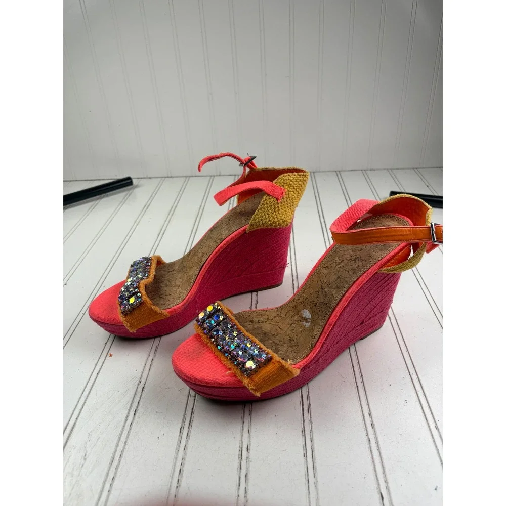 Gianni Bini Vintage Y2K Pink Orange Jeweled Wedge Heel Sandals Women's Size 10M